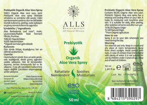 Alls Biocosmetics Organik Prebiyotik Aloe Vera Sprey 50 ml