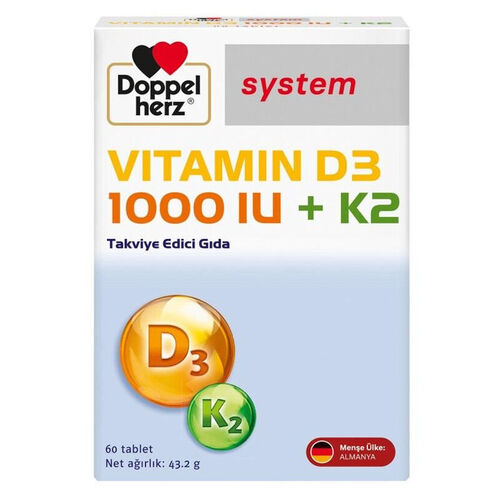 Doppel Herz Vitamin D3 1000 IU ve K2 İçeren Takviye Edici Gıda 60 Tablet