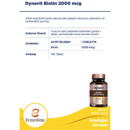 Eczacıbaşı Dynavit Biotin 2000 mcg Takviye Edici Gıda 100 Tablet