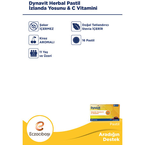 Eczacıbaşı Dynavit Herbal İzlanda Yosunu ve C Vitamini İçerikli 16 Adet Pastil