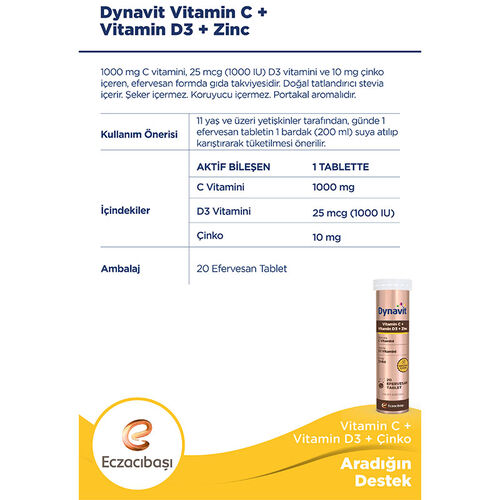 Eczacıbaşı Dynavit Vitamin C + Vitamin D3 + Çinko Efervesan Tablet 20 Adet
