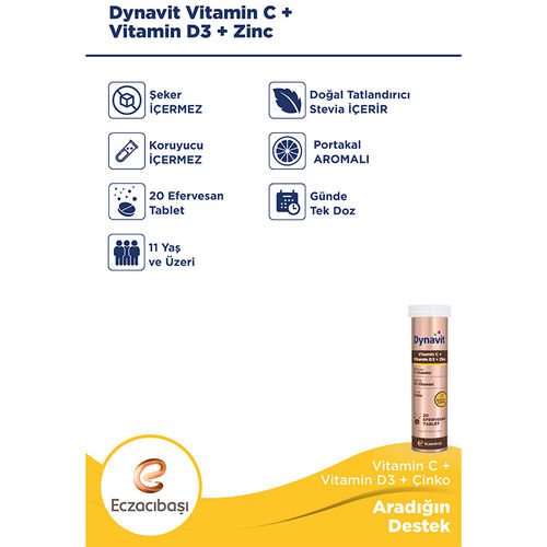 Eczacıbaşı Dynavit Vitamin C + Vitamin D3 + Çinko Efervesan Tablet 20 Adet