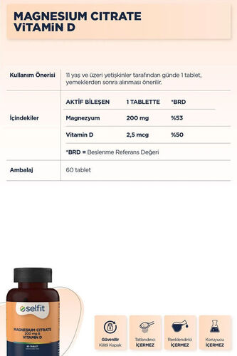 Selfit Magnesium Citrate 200 Mg ve Vitamin D 60 Tablet