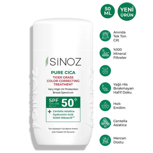 Sinoz Pure Cica SPF50+ Ton Eşitleyici Sıvı Yüz Güneş Kremi 50 ml