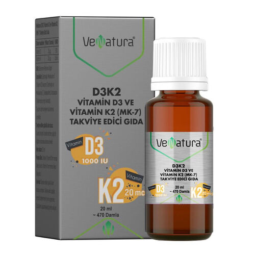 VeNatura D3K2 Vitamin D3 Ve Menaquinon 7 Takviye Edici Gıda 20 ml