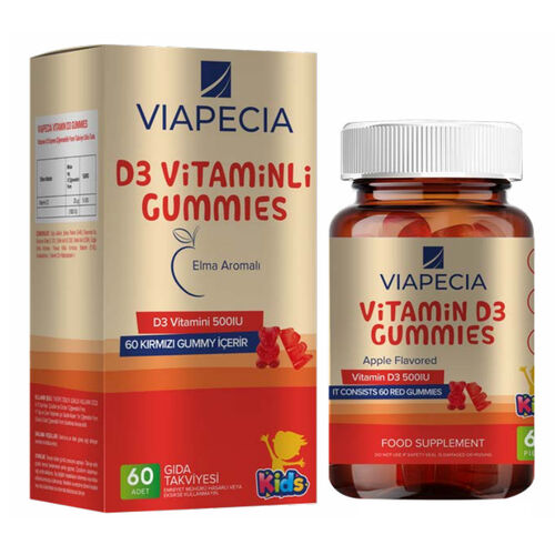Viapecia Kids D3 Vitaminli Gummies Elma Aromalı Takviye Edici Gıda 60 Adet