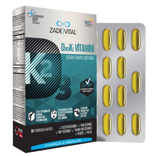 Zade Vital D3 + K2 Vitamini İçeren Takviye Edici Gıda 30 Yumuşak Kapsül
